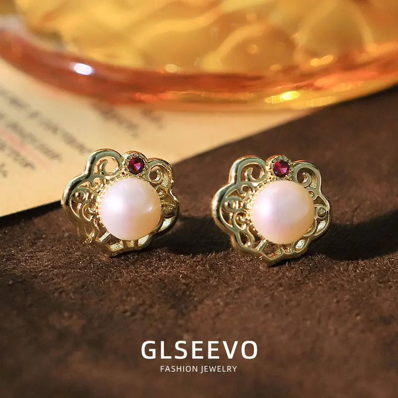 

Natural Freshwater Pearl Polygon Hollow Zircon Set Earrings Studs Luxury Fashion Shiny Earrings Gift For Women Wife GE1745