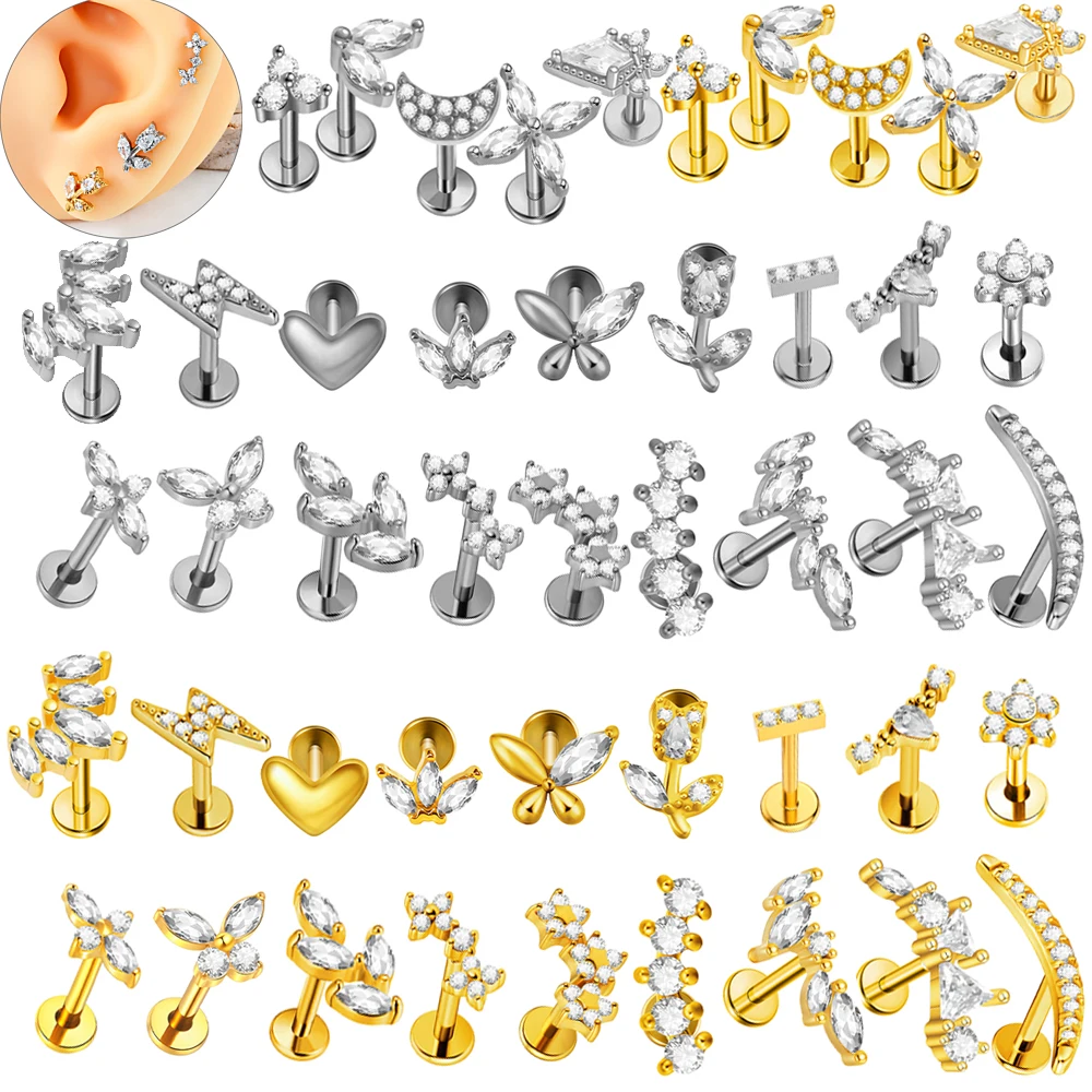 1PC Three/Five Squa/Heart/Trapezoid CZ Arc Larbet LipStud Surgical Steel Internal Thread Cartilage Helix Tragus Earring Piercing