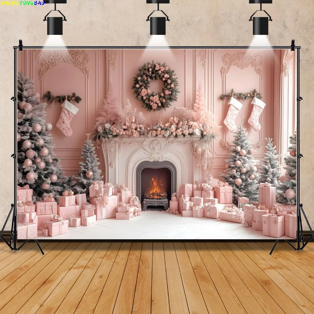 Christmas Pink Vintage Wall Backdrop for Photography Fireplace Xmas Tree Garlands Socks Gift Box Girl Princess Photo Background