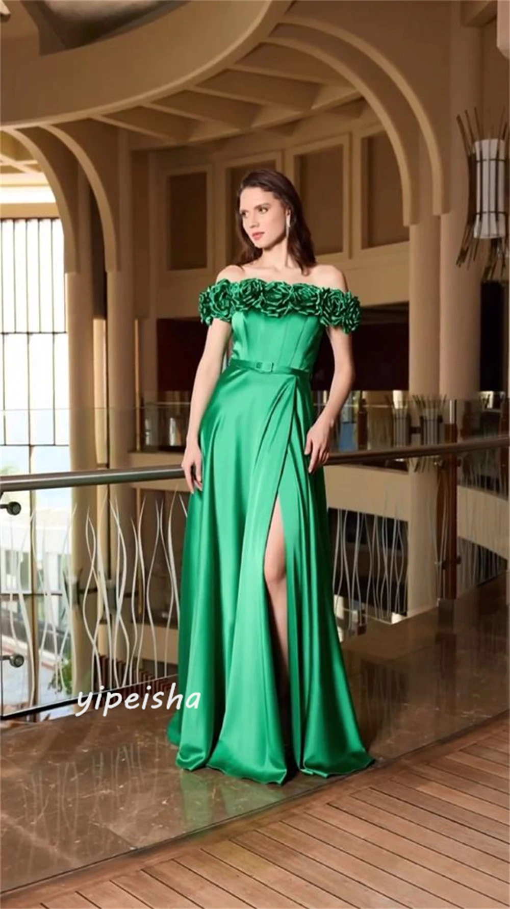 Jiayigong  Satin Flower Sash Ruched Clubbing A-line Off-the-shoulder Bespoke Occasion Gown Long Dresses Saudi Arabia Evening