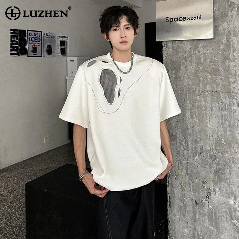 

LUZHEN Hollow Out Patched Patchwork Short Sleeve T-shirts Men's Fashion Korean Casual Clothes 2025 Summer Loose Male Tops JY2915