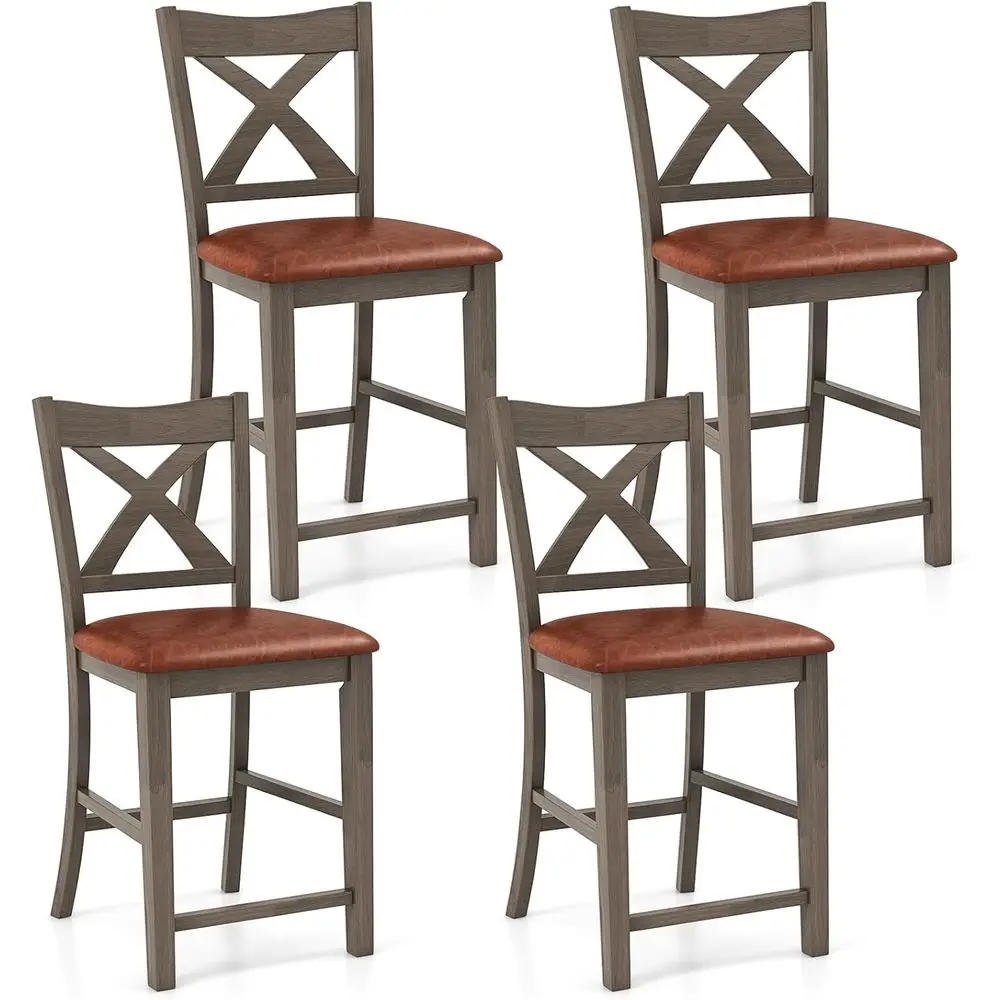 

Set of 4 Counter Height Bar Stools with Footrest, Backrest, and Linen Cushion for Kitchen Island Dining, Gray and Brown Upholste
