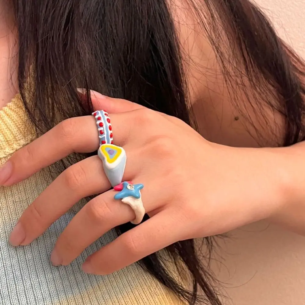 Korean Style Enamel Heart Ring Retro Chunky Jewelry Y2K Geometric Ring Minority Design Alloy Dripping Oil Finger Buckle Friend