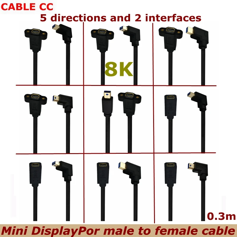 

HD 0.3m 8K@60HZ / 4K@144HZ / 2K@165Hz Elbow Mini DisplayPor Revolution Mini DP Female With Fixed Screw Hole Test Extension Cable