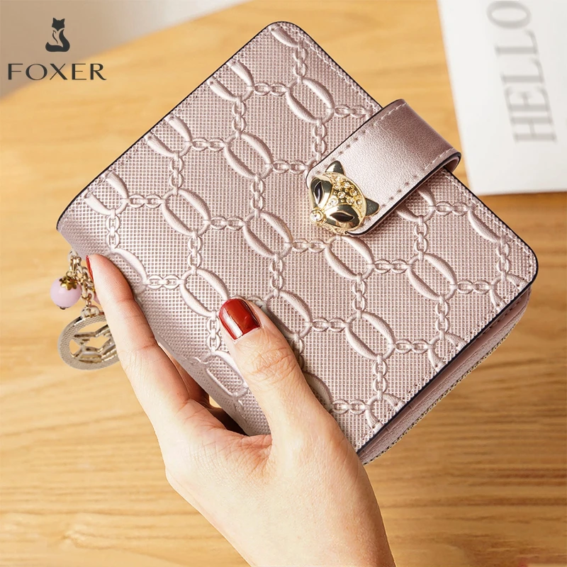 FOXER Light Luxury Women's Short Wallet Cowhide Leather Fashion Card Holder Female Zipper Coin Purse Ladies Small Clutch