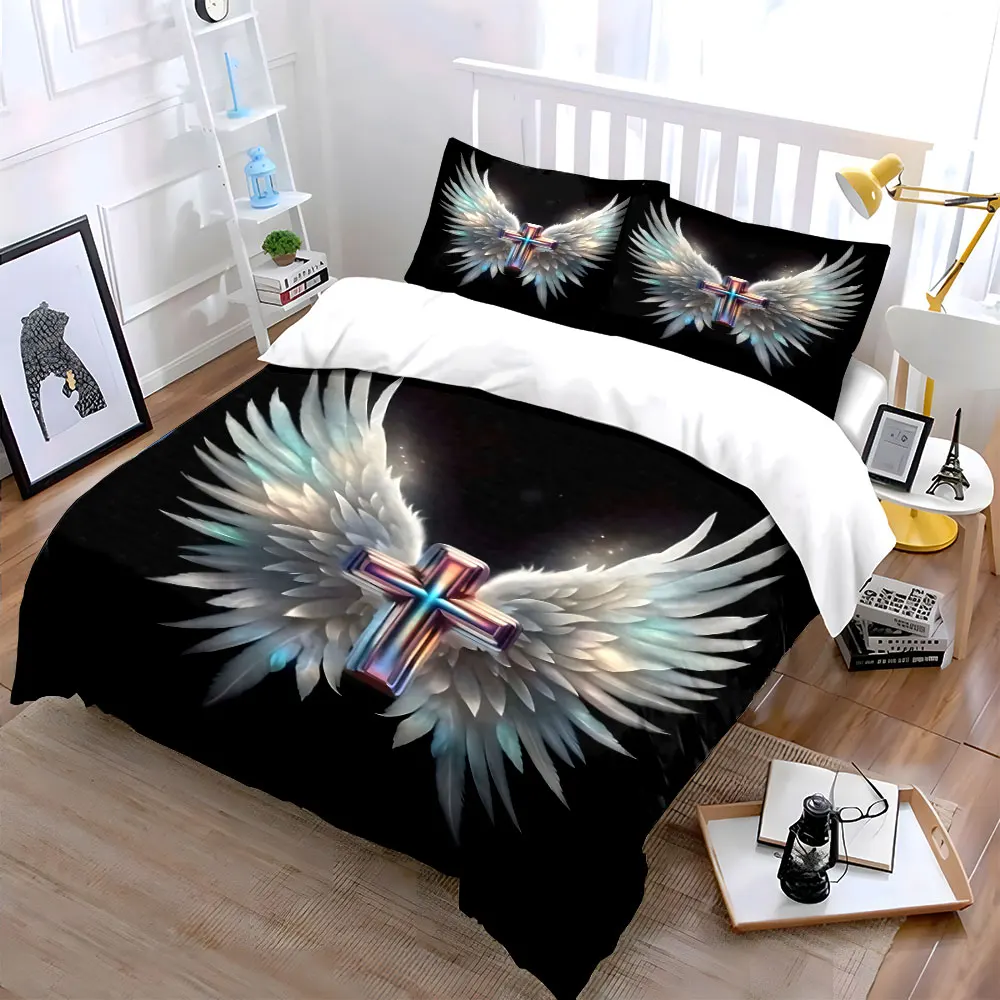 Cross with Angelic Wings Print Bedding Set 1 Duvet Cover 2 Pillowcases for Adult and Children Luxury Gift Full Size