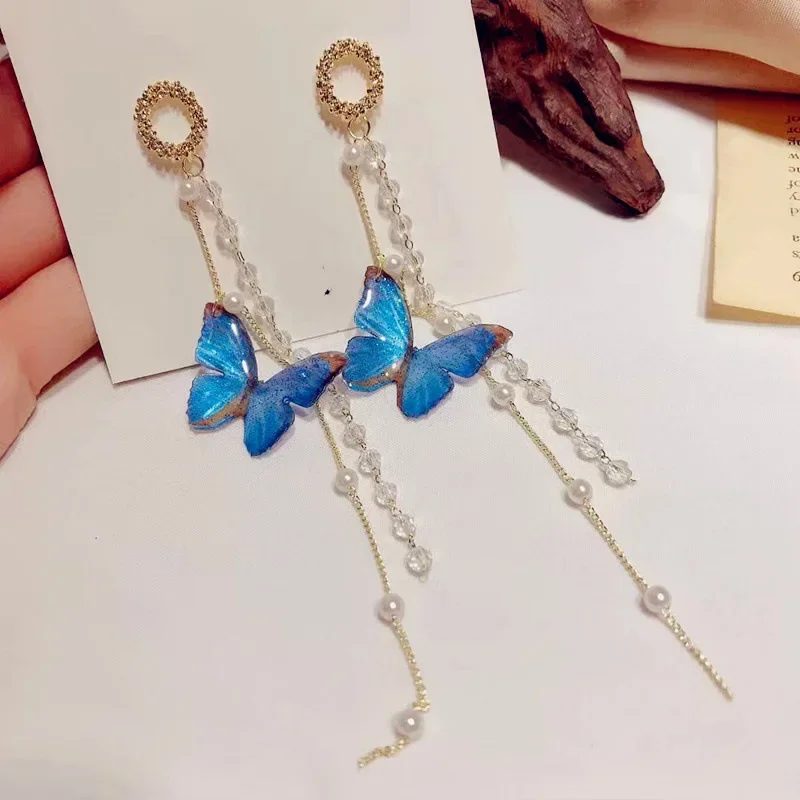 Niche Design Blue Color Elegant Long Butterfly Tassel Dangle Earrings for Women Party Birthday Custom Jewelry