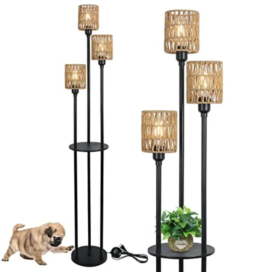 

Boho Floor Lamp with Shelves 3-Lights Farmhouse Tall Floor Lamp with ON/Off Feet Switch Rustic Standing Lamp with Rattan Shades