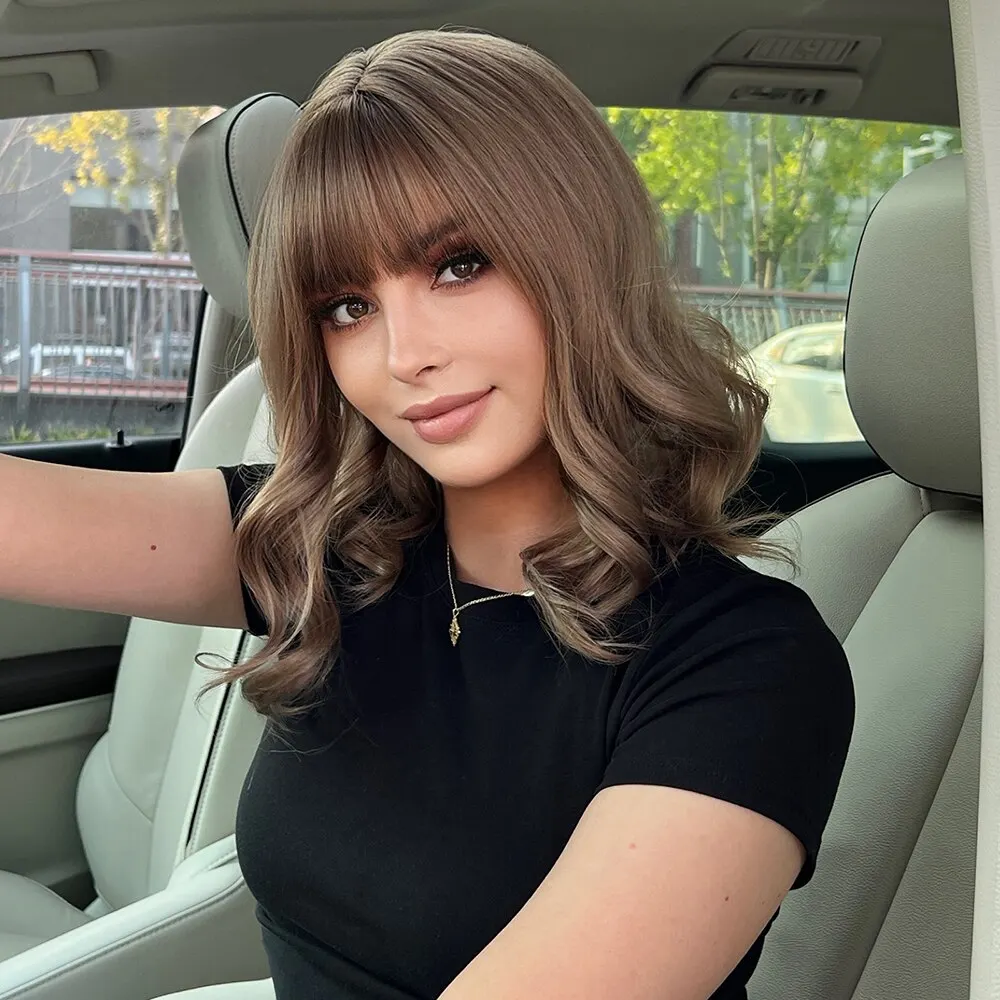 Women's Short Wavy Bob Synthetic Wig with Bangs, Brown