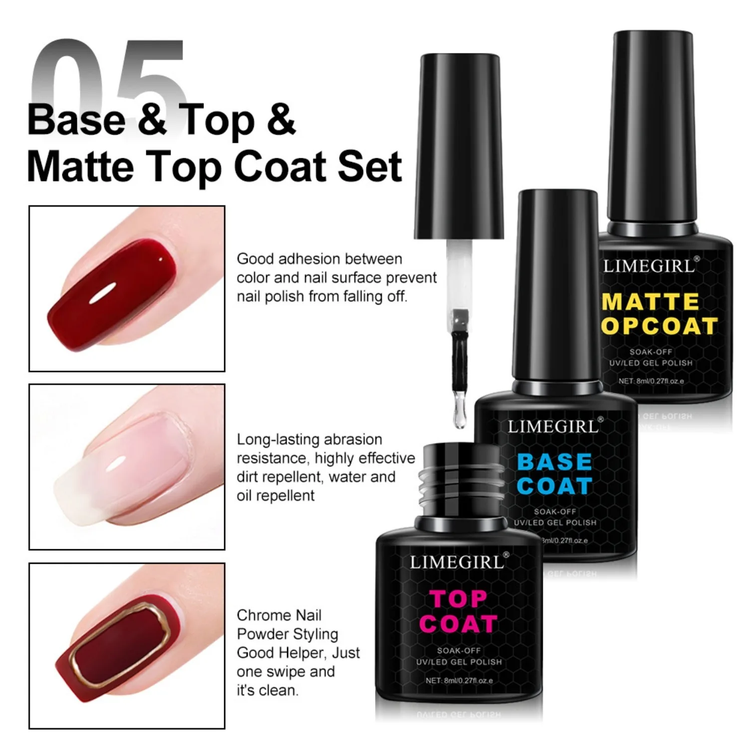 LIMEGIRL Soak Off Opaco Top Coat Base per Unghie Smalto Gel UV Semi Permanente Funzionale Manicure Top Base Coat Vernice