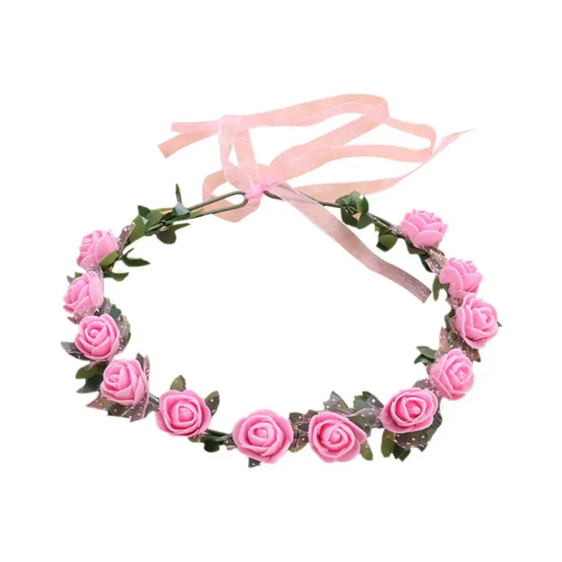 E15E Boho Flower Headband Hair Wreath Floral Headpiece with Ribbon