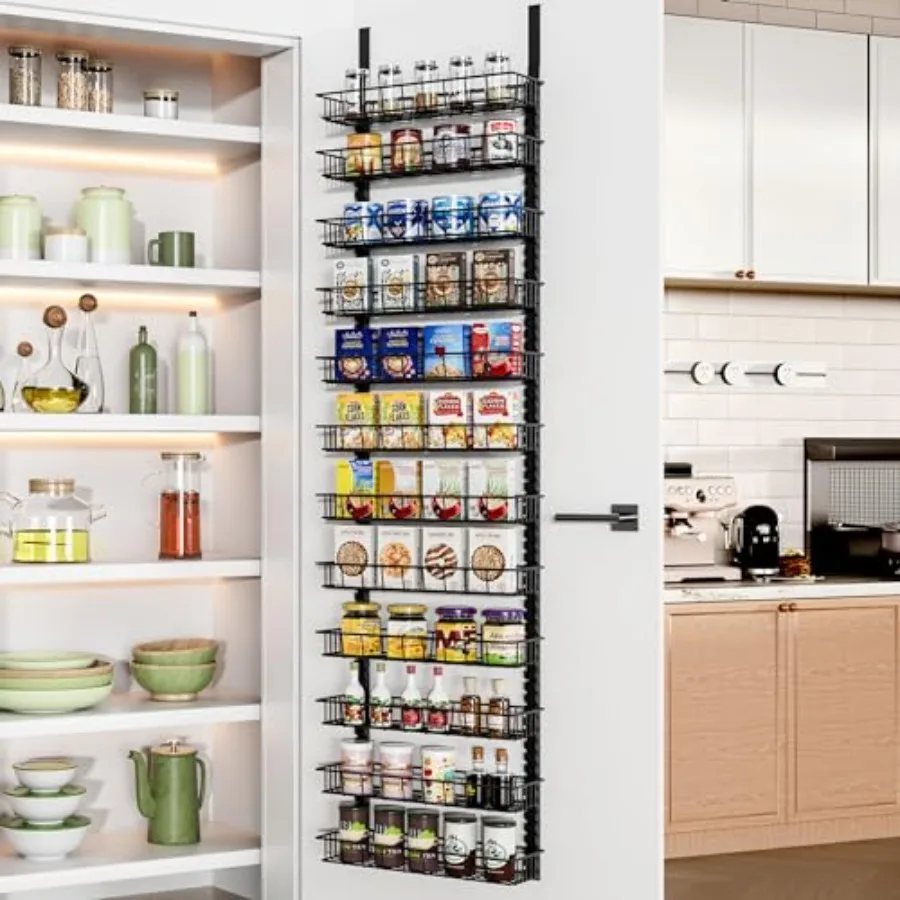 

Over the Door Pantry Organizer Rack with 12 Adjustable Baskets, Dual-use Spice Rack- Hanging or Wall Mount Spice Rack, Pantry D