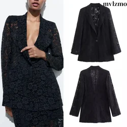 2024 summer new Europe and the United States with shoulder pads solid colour lace hollowing suit women jacket casual