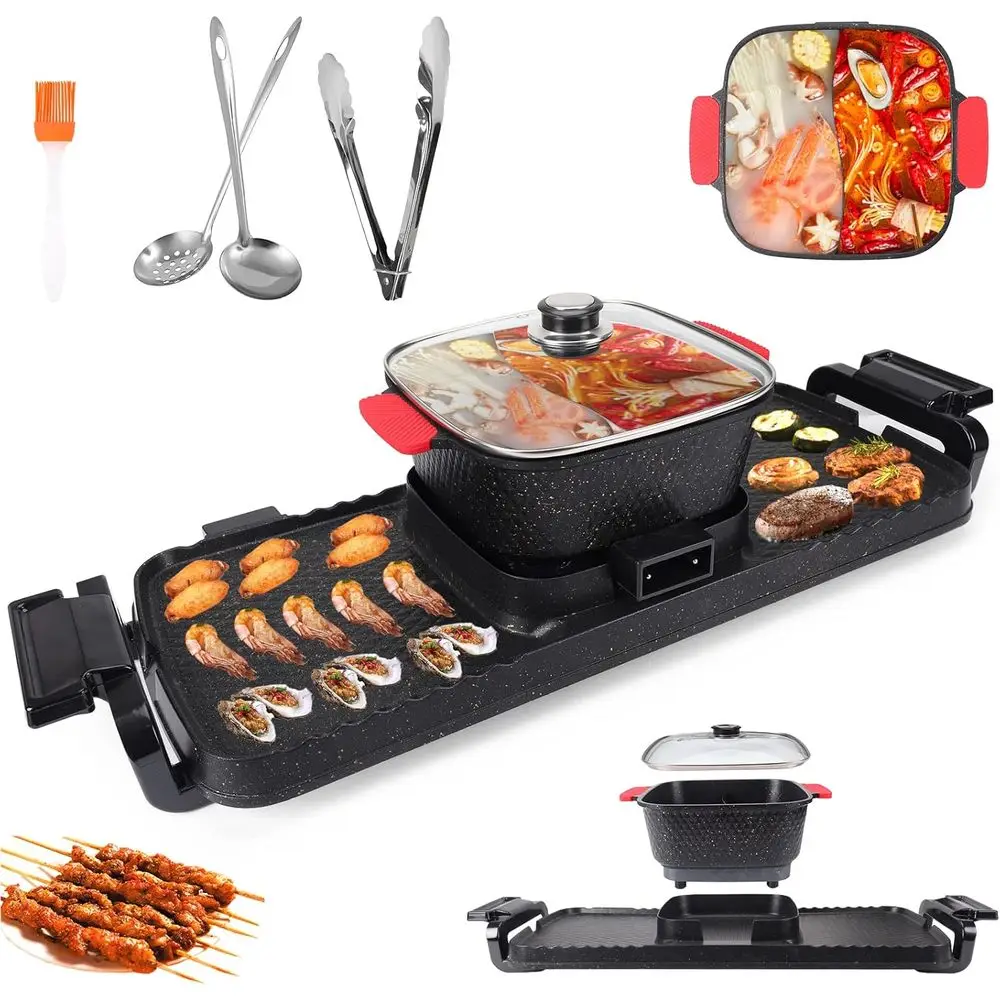 

Dual-Function Indoor BBQ and Hot Pot, Portable Smokeless Grill with Shabu Shabu, 110V