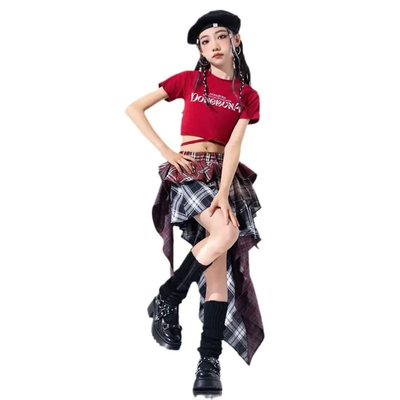 Hip Hop Dancing Costumes for Girls Red T Shirt Multi-layer Irregular Skirt Kids Ballroom Jazz Dance Clothes Stage Wear Outfits