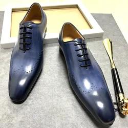 LUXURY MEN REAL LEATHER SHOES LACE UP POINT TOE CASUAL MENS DRESS SHOES BLUE BLACK WEDDING BUSINESS OXFORD SHOES FOR MEN