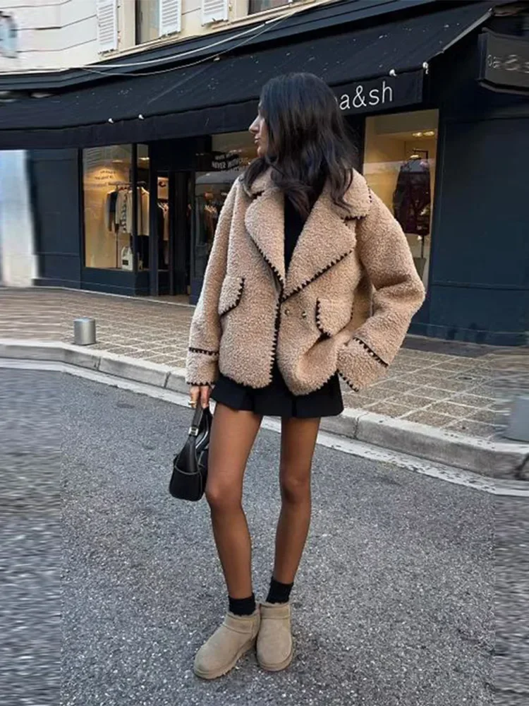 Chic Solid Color Patchwork Warm Coat Women 2023 Autumn Winter Loose Covered Button Long Sleeve Pockets Coats Female Streetwear