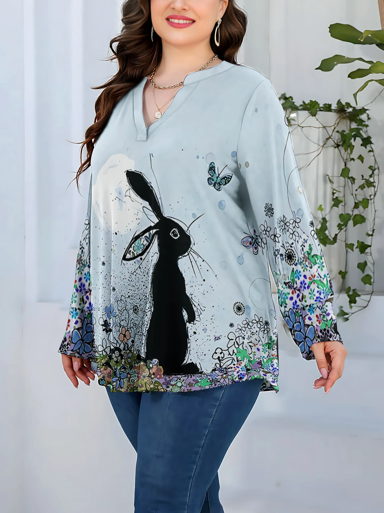 Famale Oversize T Shirts Bunny Rabbit Flower Art Painting 3D Printed Tops V-neck Long Sleeve T-shirts Casual Women Clothing