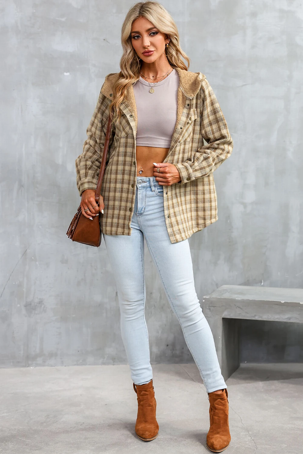 여성 겨울 새로운 캐주얼 격자 무늬 후드 모직 자켓 두꺼운 양털 안감 따뜻한 겉옷 LD800023