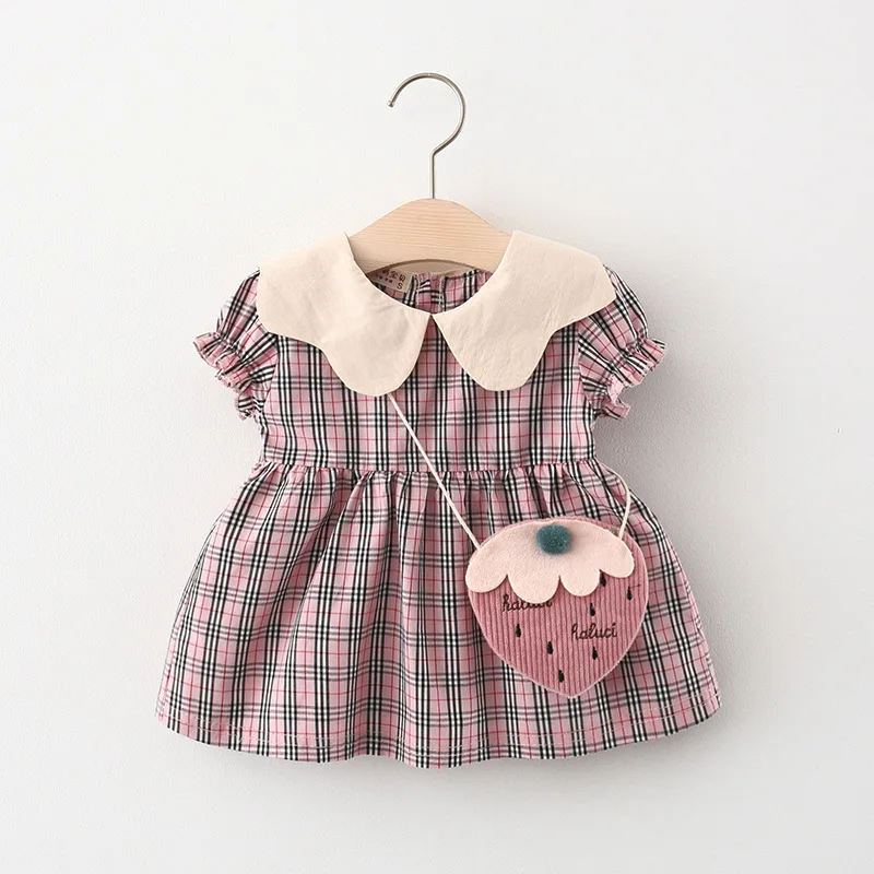 2/piece summer baby girl dress bag for girls solid color large lapel lace plaid bubble sleeve princess dress