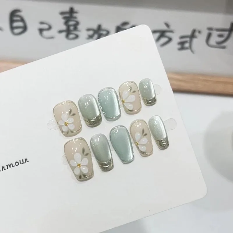 【Long Island Iced Tea】10Pcs /Set Full Cover False Nails Press on Nails Fake Nails Diy Pure Handmade Removable Cat's Eye Flower