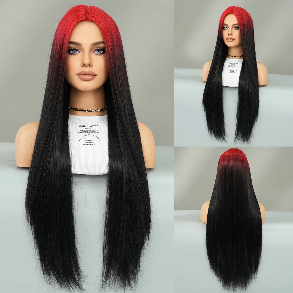 

PARK YUN High Density Synthetic Long Straight Black Wig for Women Costume Wig Fashion Long Body Red hair root Wigs Mid Split Wig