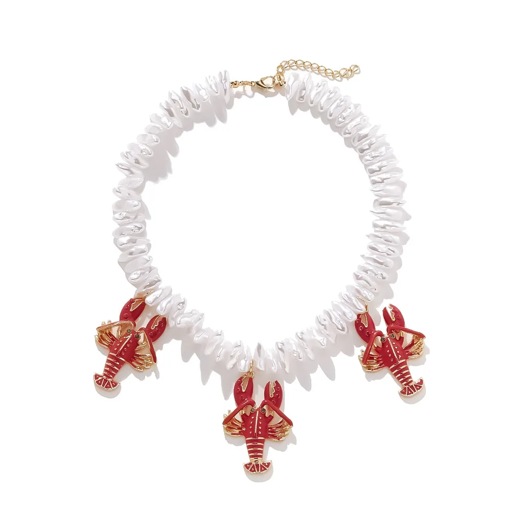 Fashion Baroque Pearl Oil Dripping Lobster Necklace Vacation Wind Beaded Diamond Ocean Animal Collarbone Necklace