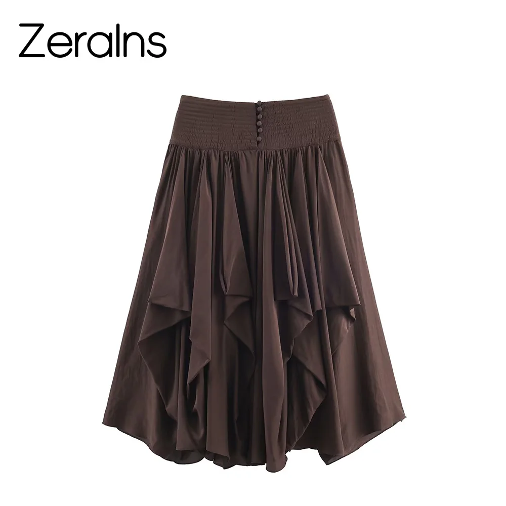 

ZERAINS Great looking brown retro irregular ruffled half length skirt with layered and versatile temperament umbrella skirt