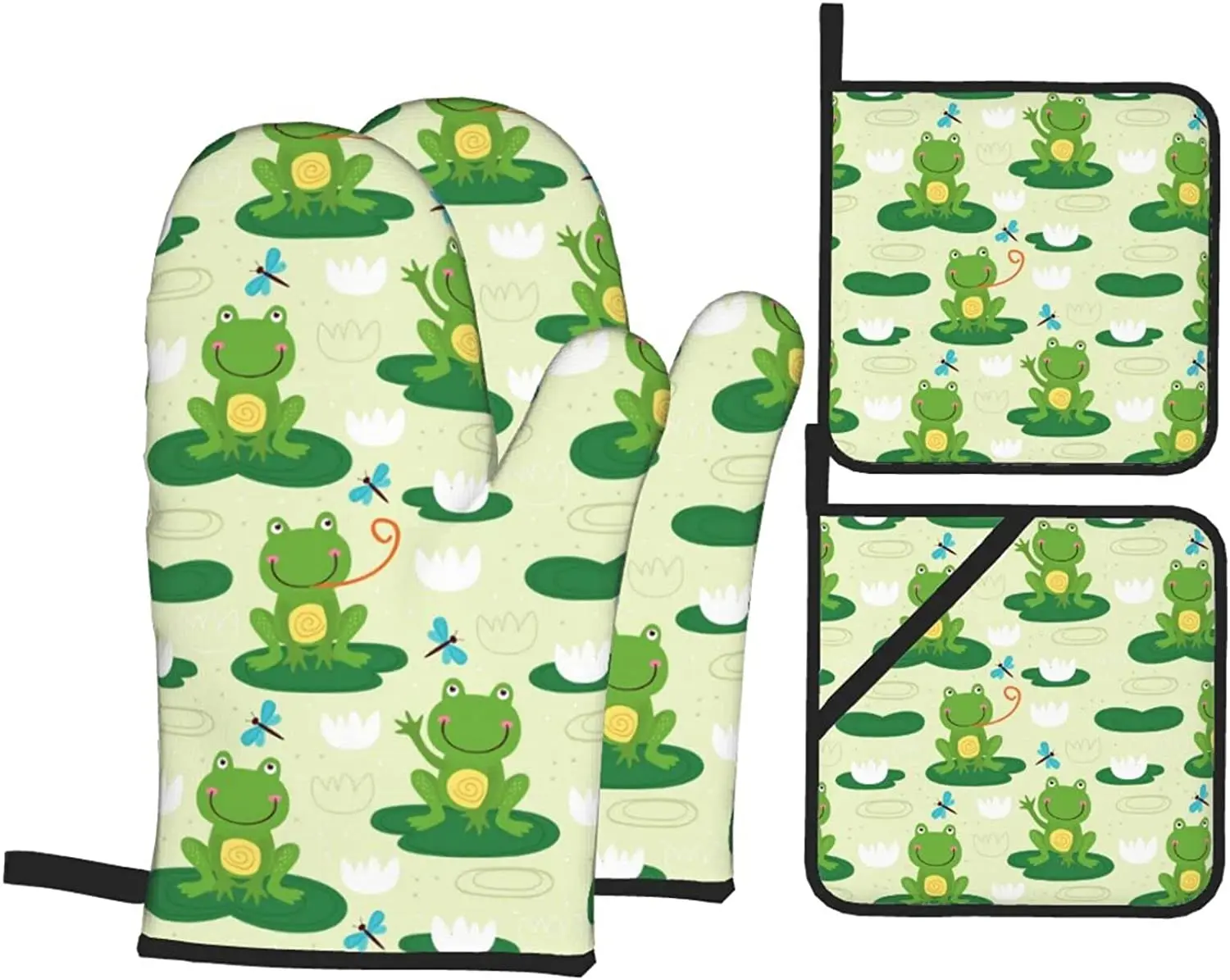 

Cute Frog Funny Oven Mitts and Pot Holders Kitchen Counter Safe Mats for Chef Baking Cooking Grilling BBQ Mittens 4 Pieces Set