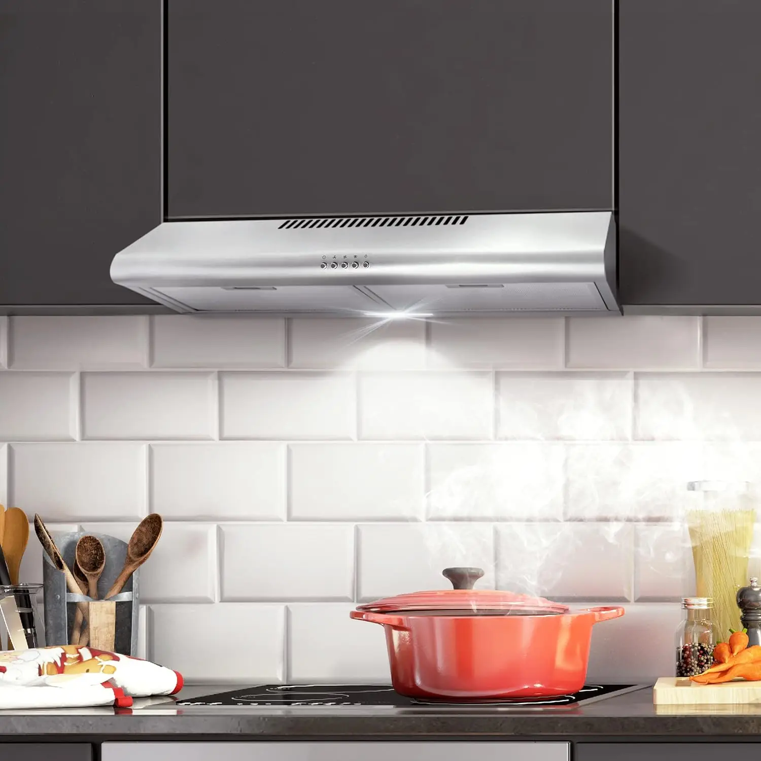 

30 in. Under Cabinet Range Hood Ductless Convertible Duct, Slim Kitchen Stove Vent with, 3 Speed Exhaust Fan