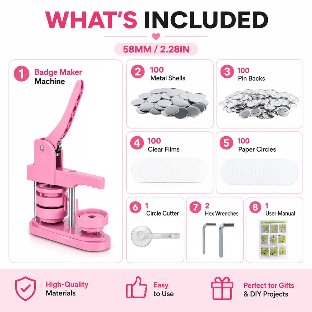 58mm (2.28in) Metal Badge Maker Kit with 100 Badge Supplies & Circle Cutter, Manual Press for DIY Pins, Badges, Gifts & Crafts