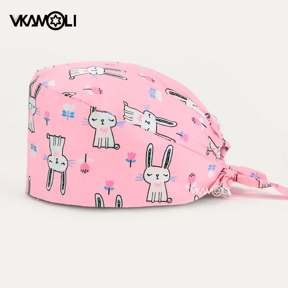 

2024 New Cute cartoon rabbit pattern printing scrubs cap laboratory work cap Female nurse male doctor care cap medical scrub hat