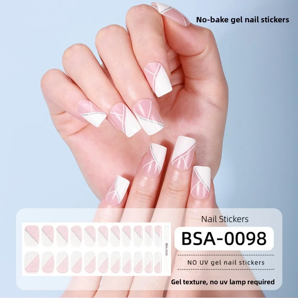22Strips Semi-Cured Nail Wraps Long Lasting Full Cover UV Nail Sticker Semi Cured French White Edge Gel Nail Sticker Wraps