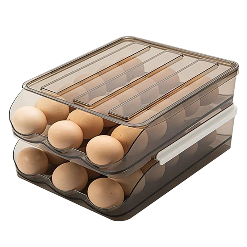 Double-Layer Automatic Filling Egg Storage Box Household Transparent Drawer Egg Tray Space Saving Box Light Coffee Color