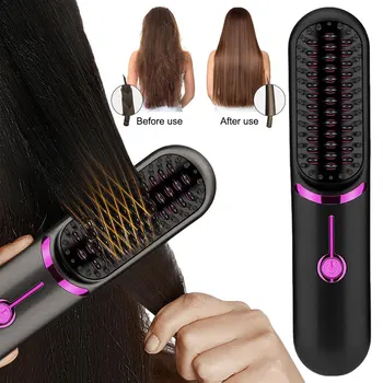 Image Wireless Hair Straightener USB Charging Hair Straightening Brush Anti-Scalding Portable Mini Hair Straightener Hair Styling Tool