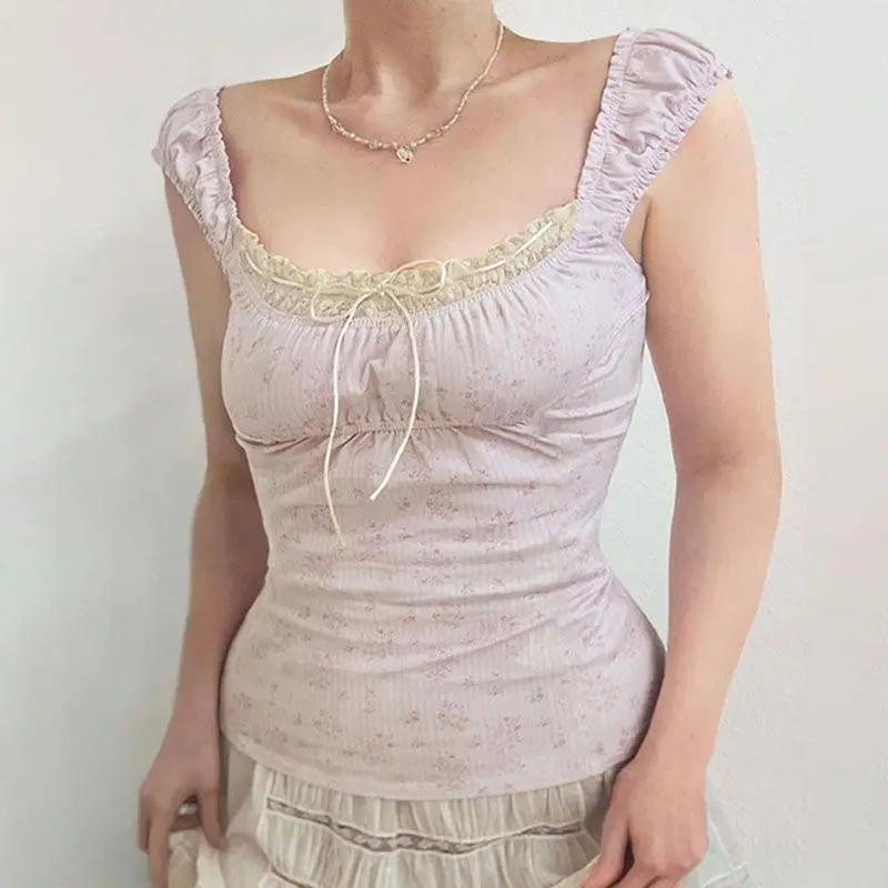 

Onalippa 2025 Design Sense Niche Fresh Sweet Girl Розовый кружевной топ с цветочным принтом Sweet Desirable Маленькая сексуальная футболка с ключицей Ins