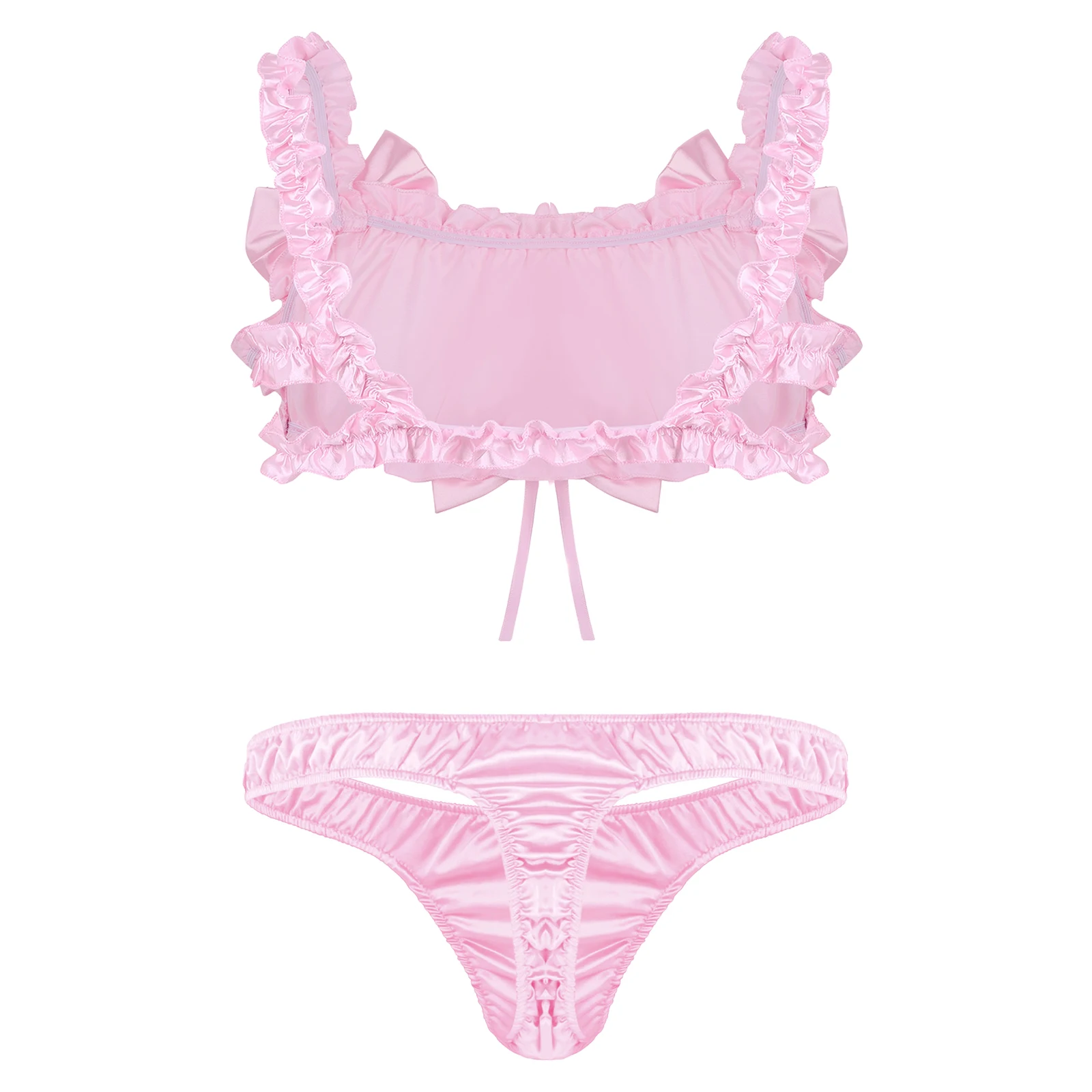 ชุดชั้นในบุรุษ Sissy Crossdress ชุดชั้นในชุด Exotic ชุดนอนซาติน Ruffled Frilly Bra Top Low Rise Thong กางเกงชุด