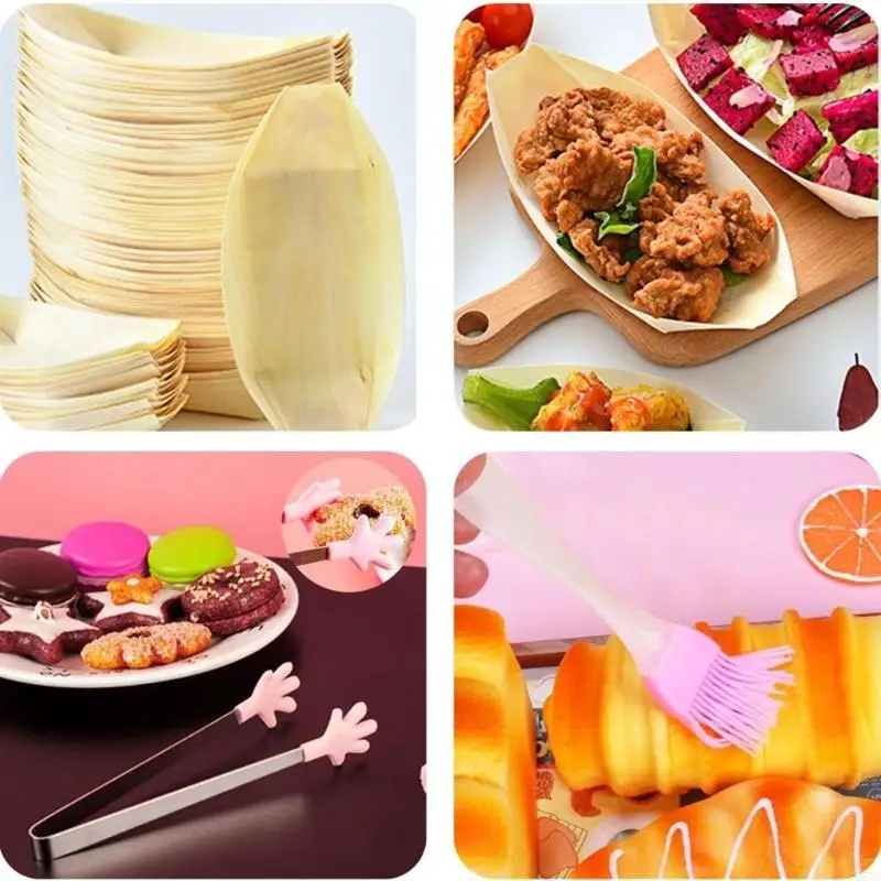 100 Piece Natural Wooden Sushi Serving Boats Bowls Set With Dessert Tongs And Silicones Brush For Parties Event Catering Q5WC