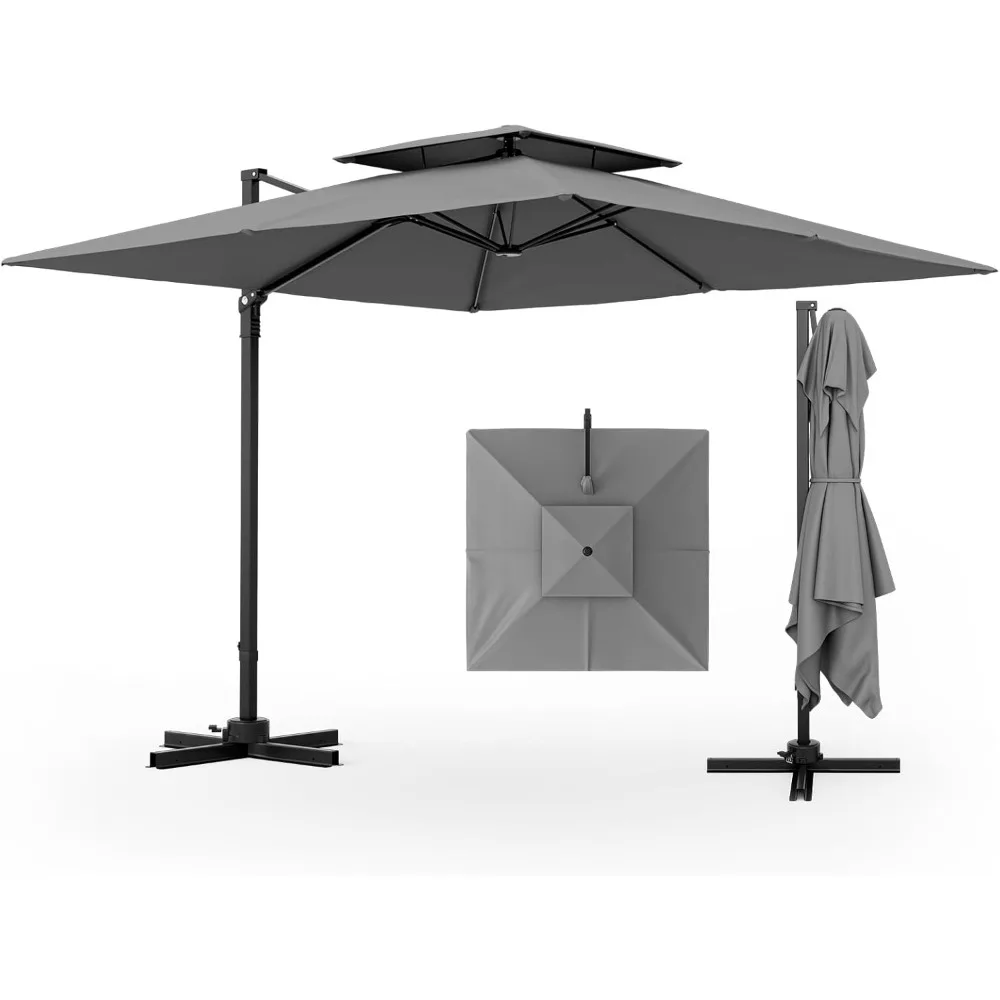 

9.5 FT Cantilever Patio Umbrella, Outdoor Square Offset Umbrella with 360°Rotation, Double Top Heavy Duty Patio Hanging Umbrella