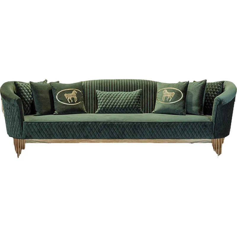 

Легкий роскошный двухместный диван с вышивкой из цельного дерева, ткань из нержавеющей стали, трехместный диван