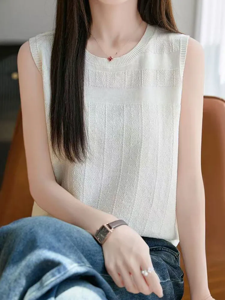

Summer New Loose Ice Silk round Ne Svel Vest Women's Thin Pure Color Knitted Body T-irt Top Breathable Moisture Wic...