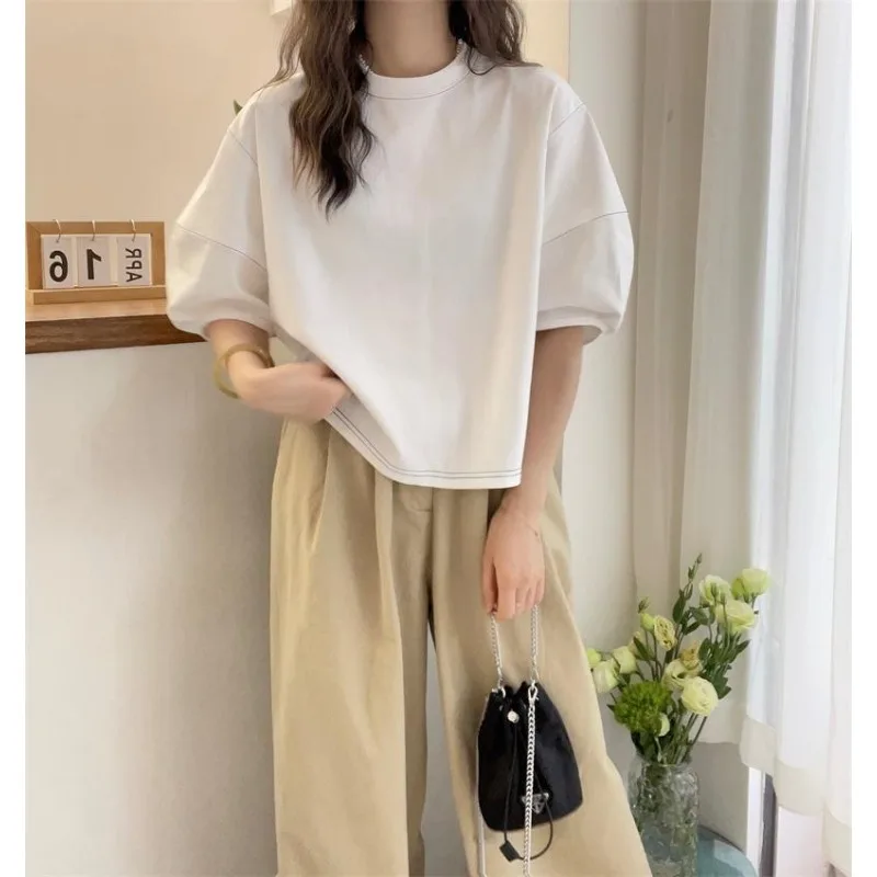 Camiseta de manga corta de algodón puro con cuello redondo y manga abombada, estilo holgado y perezoso, novedad de verano