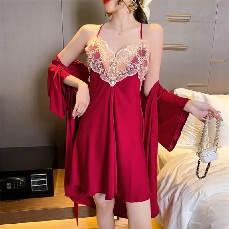 Sexy Women\'s Pajamas Spring High-end Sleepshirts Summer Ice Silk Camisole Nightgown Lace Thin New Homewear Short Nightgown Set