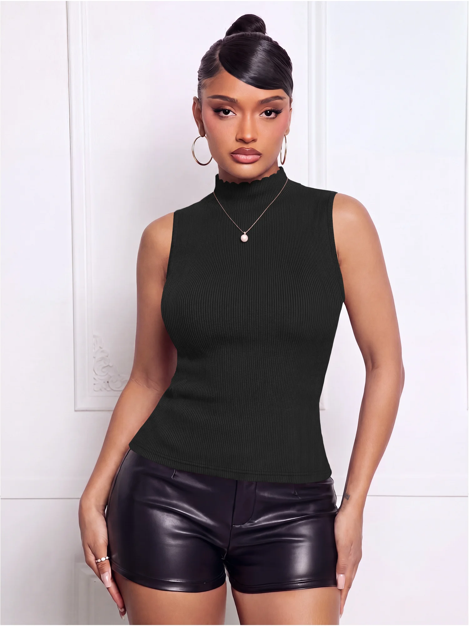 Minimalist Sleeveless Mock Neck Blouse, Elastic Ribbed Top for Smart Business Casual