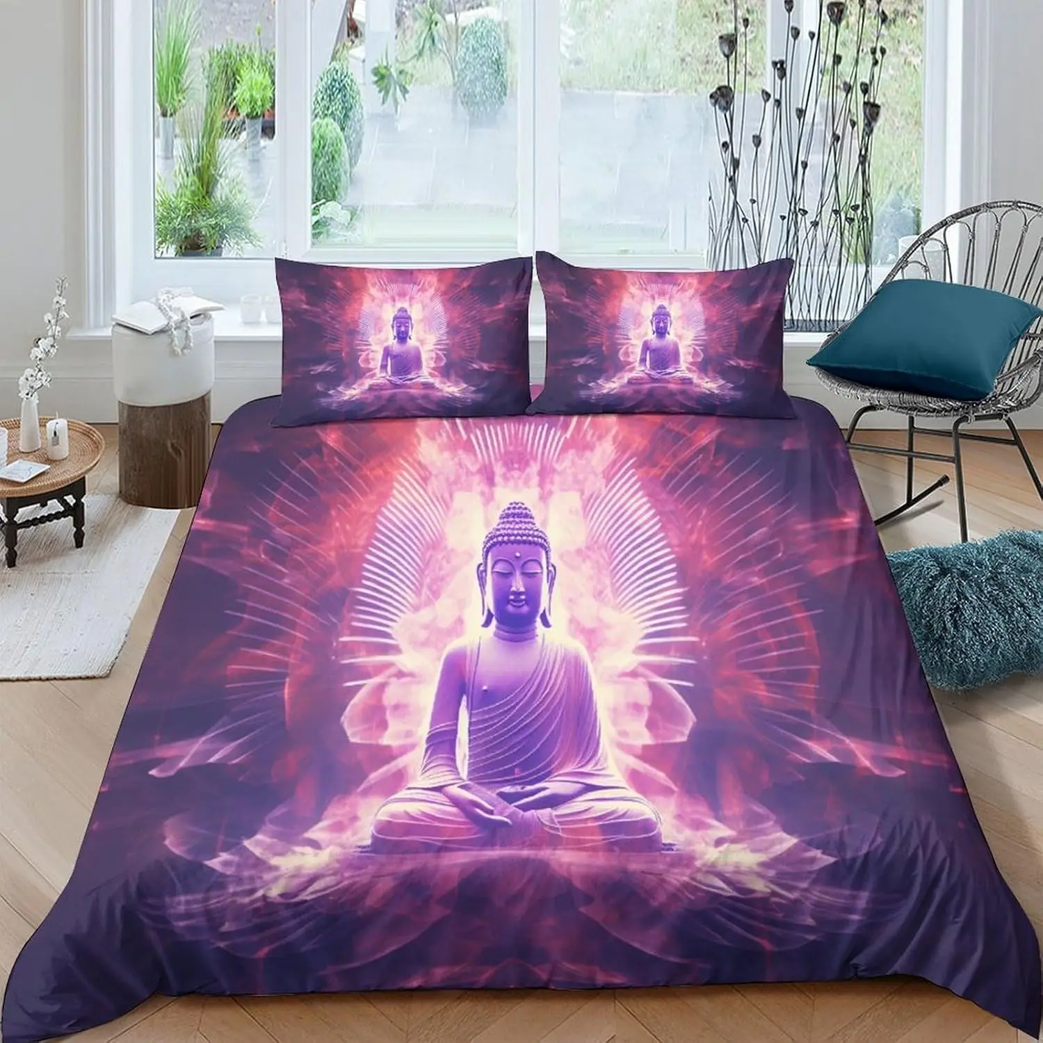 Anime Buddha Statue 3D Printed Bedding Set Single Size With 2 Pillowcases Cartoon Quilt Duvet Cover