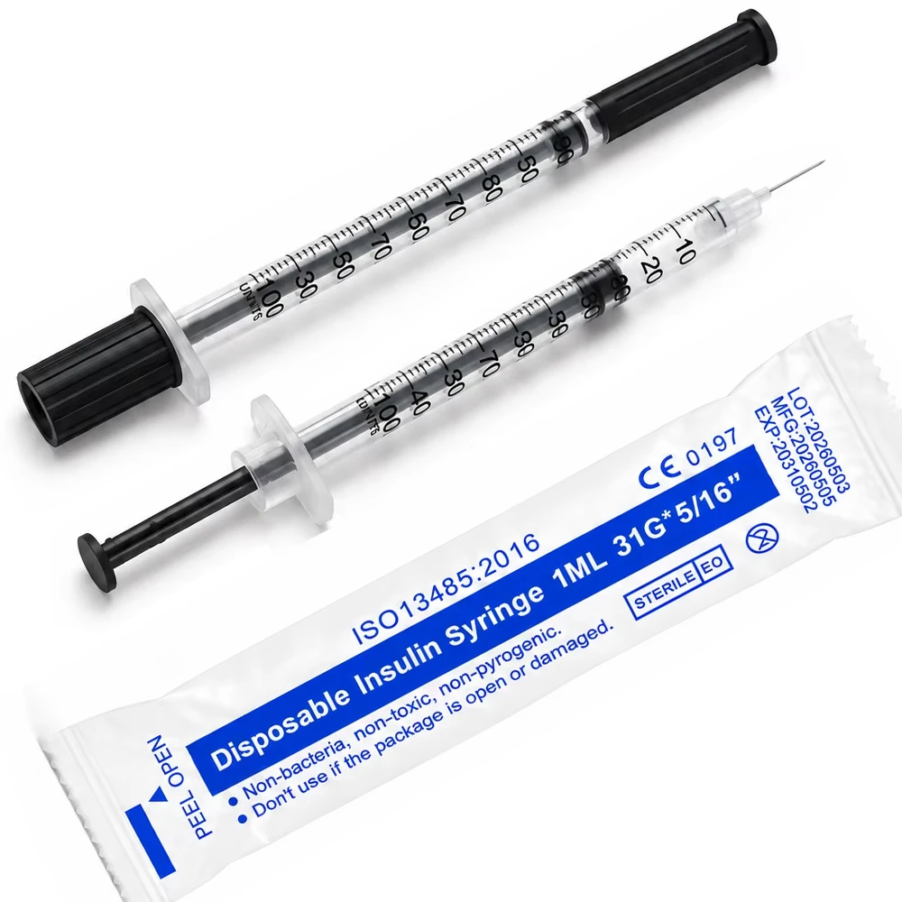 100Pack 1ML 1CC 31G 8mm Black Disposable Sterile Veterinary Syringe with Needle for Dogs Cats Pets Animal Care