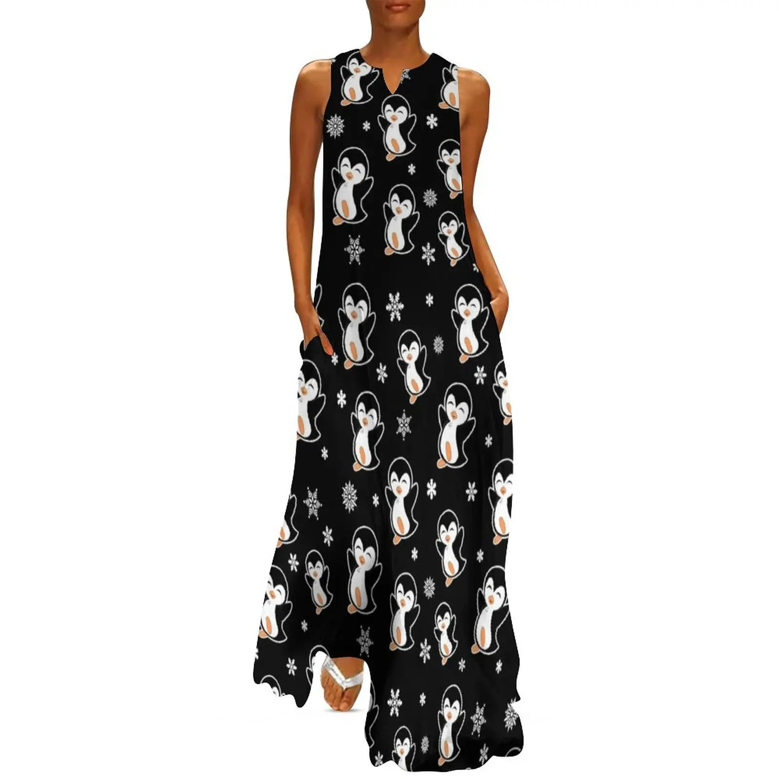 Cute Penguins And Snowflakes Long Dress Dresses gala Woman fashion Dress