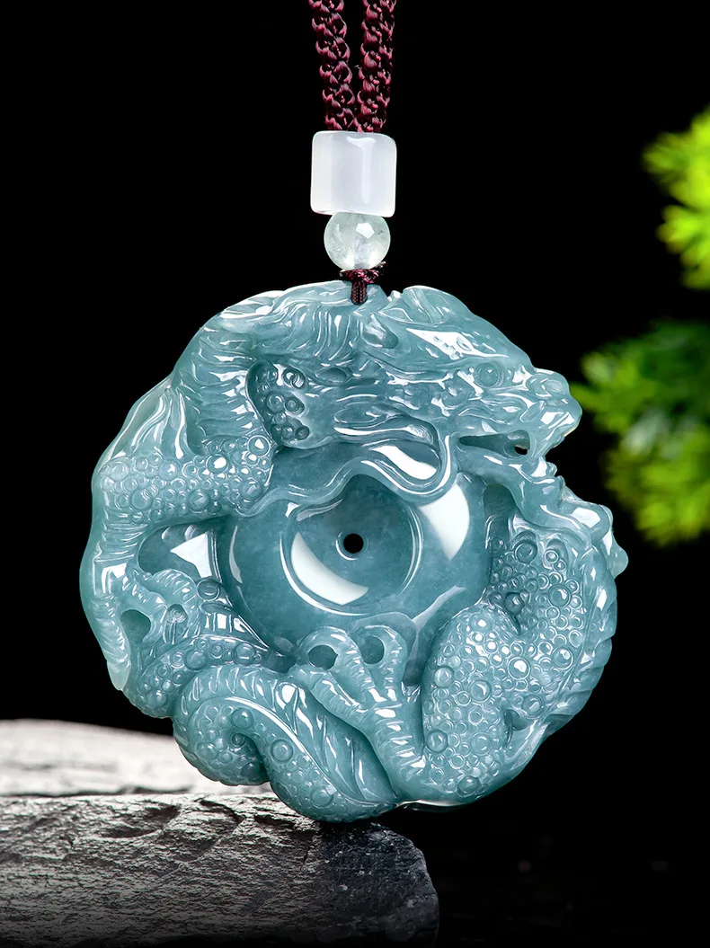 Natural A-grade Jade Blue Water Dragon King Safe Zodiac Brand Pendant Ice Seed Jadeite Men's Charms Women's Jewelry Drop Ship