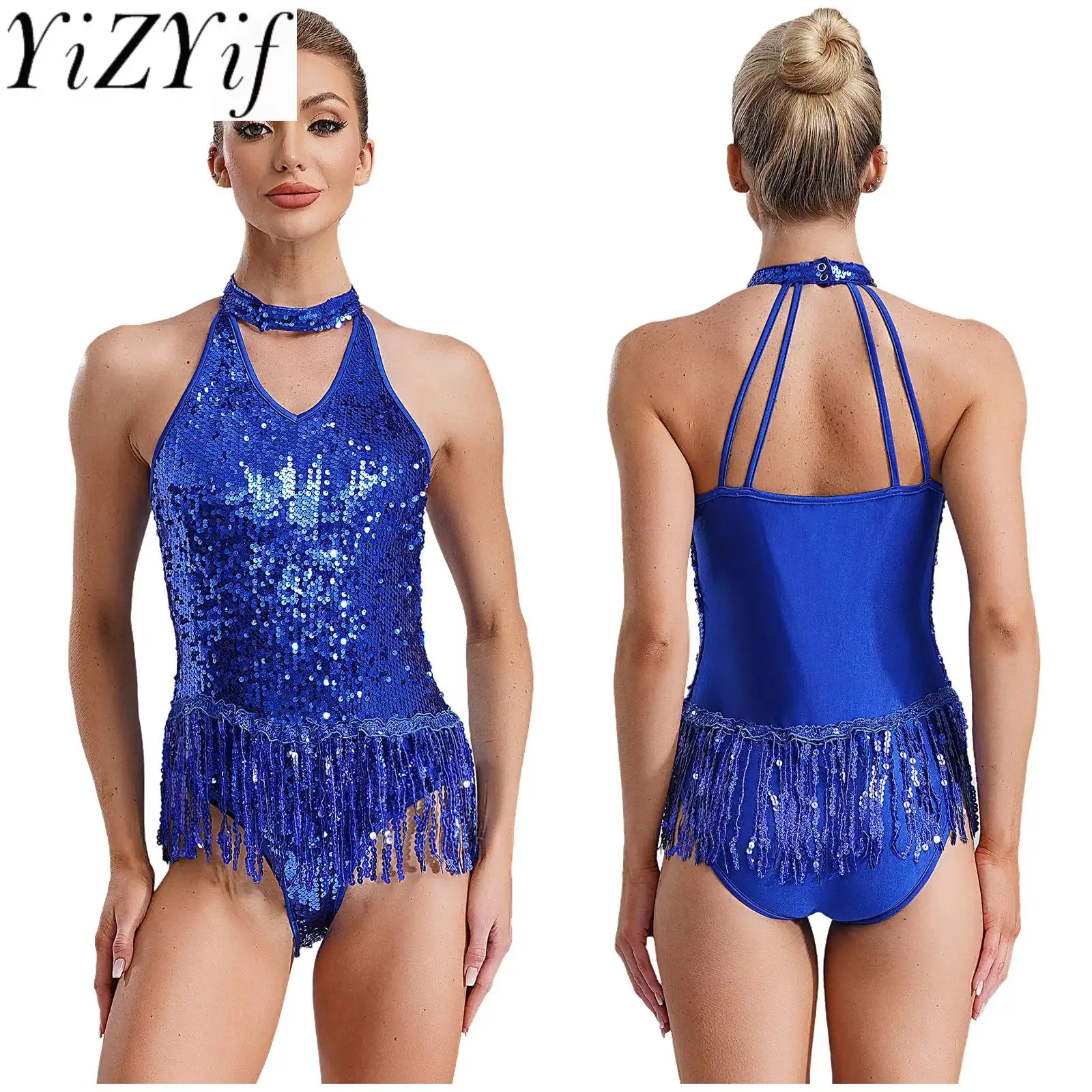 

Latin Jazz Dance Performance Leotard Adult Female Shiny Sequins Tassel Fringe Ballroom Samba Rumba Dance Competition Bodysuits