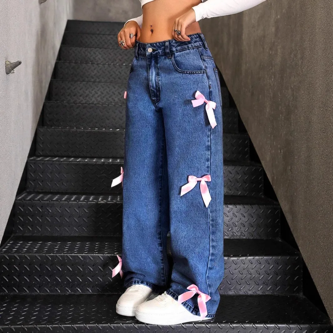 

Women Jeans Wide Leg Pants Bow Washed High Waist Streetwear Denims Distressed Vintage Straight Ankle Length Trousers